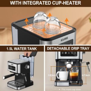 ICUIRE 20 Bar Espresso Machine with Milk Frothing Pitcher, 1.5L Removable Water Tank, Semi-Automatic Coffee Machine with Steam Wand for Espresso, Latte, and Cappuccino, 1050W