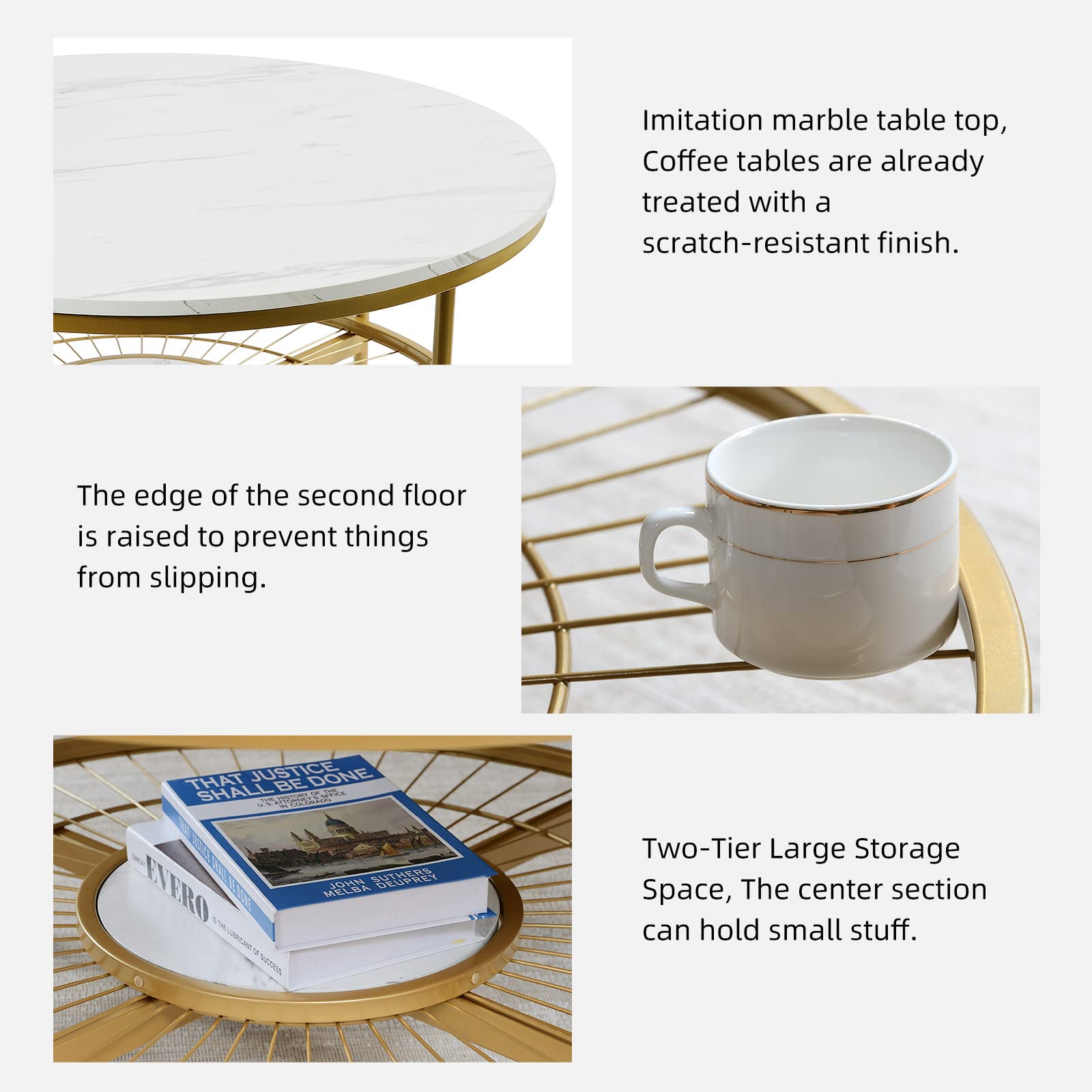 Round Coffee Table for Living Room, Modern Coffee Table with Sun Shape Circle Open Storage,Marble Wooden Tabletop and Sturdy Metal Frame, White and Gold 35.5