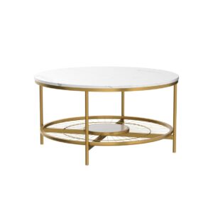 Round Coffee Table for Living Room, Modern Coffee Table with Sun Shape Circle Open Storage,Marble Wooden Tabletop and Sturdy Metal Frame, White and Gold 35.5