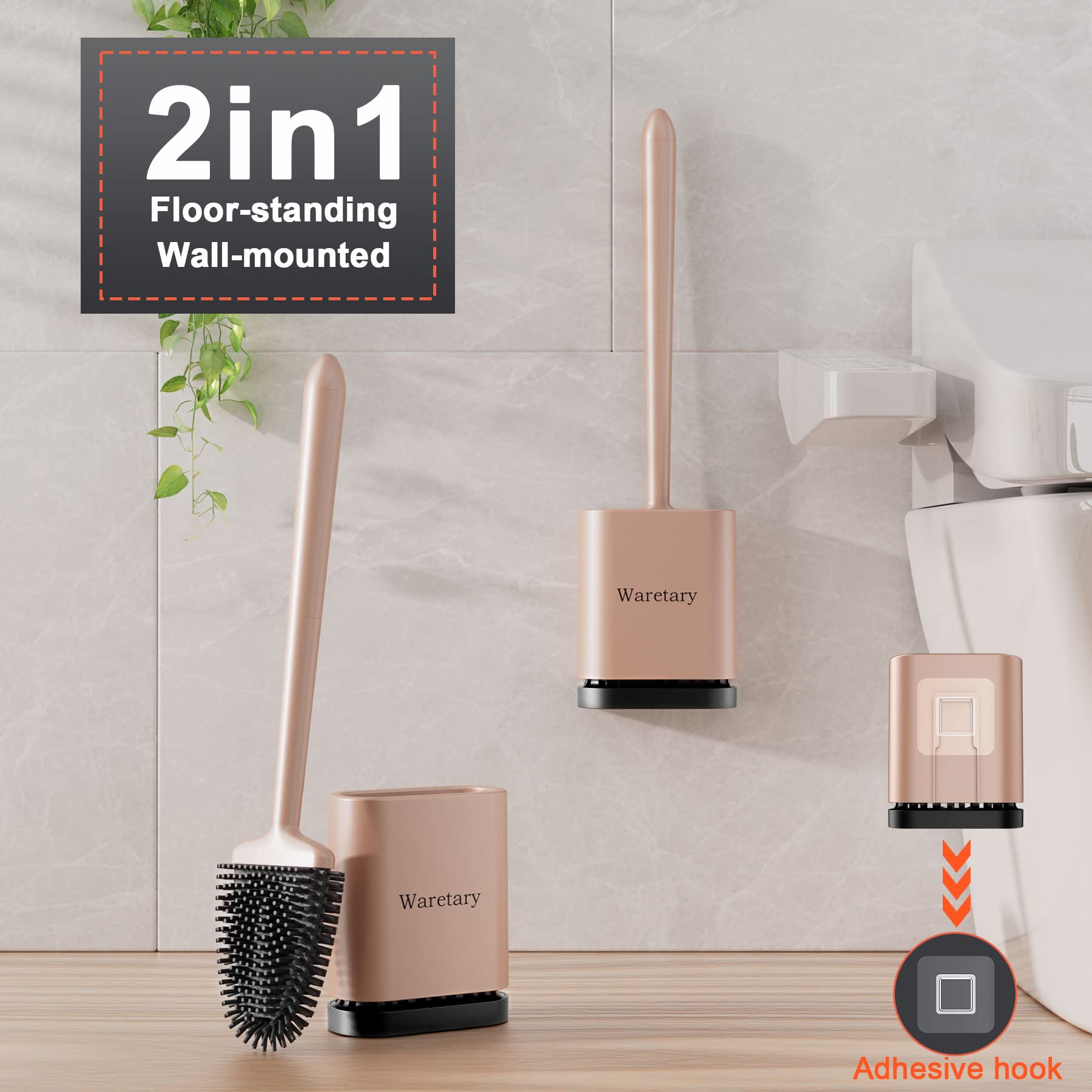 Silicone Toilet Bowl Brush with Holder: Long Handle Toilet Brush and Holder Set for Bathroom, Wall Mounted Toilet Scrubber Cleaner Brush(Gold)