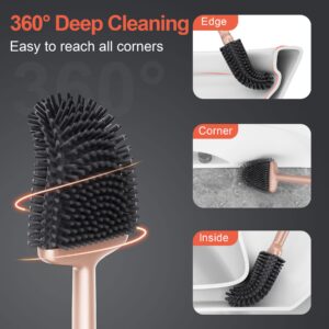 Silicone Toilet Bowl Brush with Holder: Long Handle Toilet Brush and Holder Set for Bathroom, Wall Mounted Toilet Scrubber Cleaner Brush(Gold)