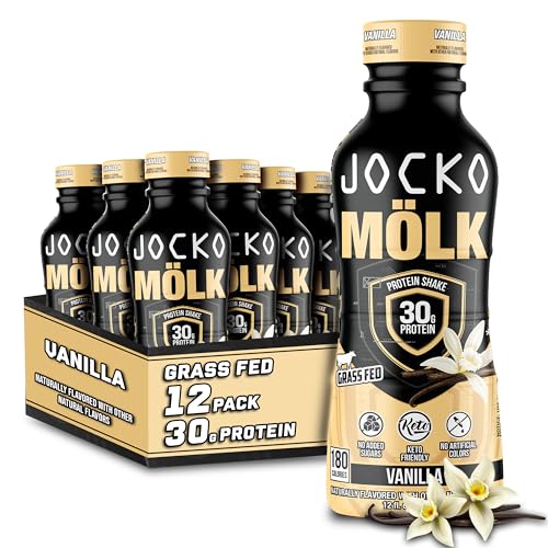 Jocko Mölk Protein Shakes – Naturally Flavored Protein Drinks, KETO Friendly, No Added Sugar, 30g Grass Fed Protein - Ready to Drink, 12 FL Oz, 12pk, Liquid (Vanilla)