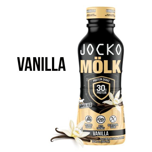 Jocko Mölk Protein Shakes – Naturally Flavored Protein Drinks, KETO Friendly, No Added Sugar, 30g Grass Fed Protein - Ready to Drink, 12 FL Oz, 12pk, Liquid (Vanilla)