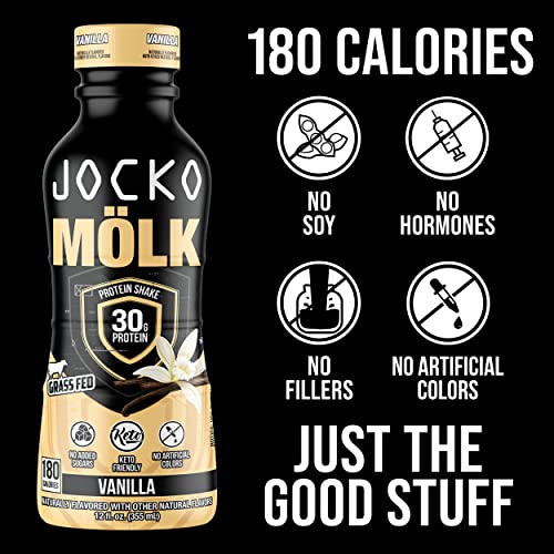 Jocko Mölk Protein Shakes – Naturally Flavored Protein Drinks, KETO Friendly, No Added Sugar, 30g Grass Fed Protein - Ready to Drink, 12 FL Oz, 12pk, Liquid (Vanilla)