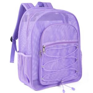 covax heavy duty mesh backpack, see through college mesh backpack, semi-transparent mesh bookbag with bungee and comfort padded straps for commuting, swimming, beach, outdoor sports (purple)