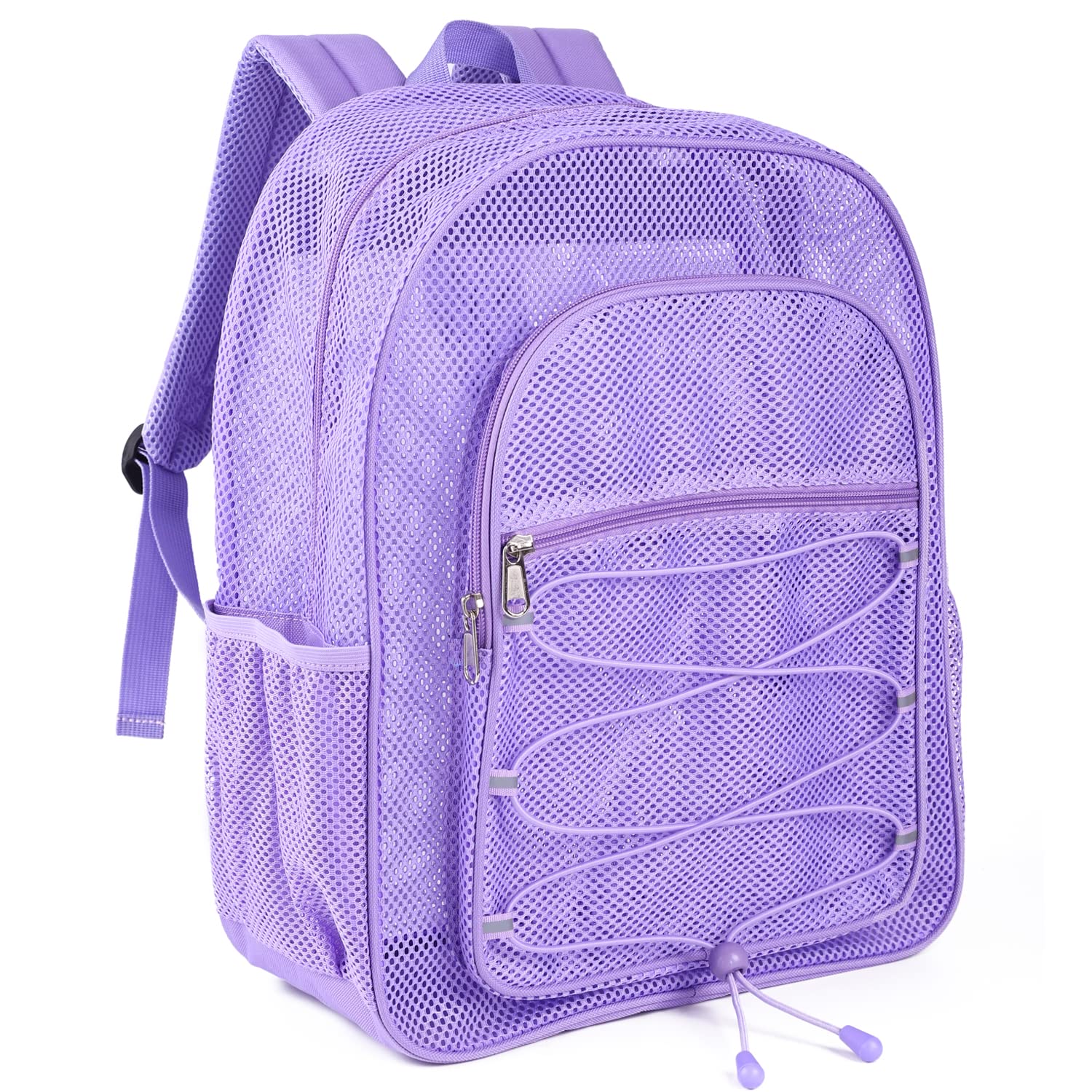 COVAX Heavy Duty Mesh Backpack, See Through College Mesh Backpack, Semi-transparent Mesh Bookbag with Bungee and Comfort Padded Straps for Commuting, Swimming, Beach, Outdoor Sports (Purple)