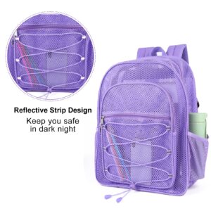 COVAX Heavy Duty Mesh Backpack, See Through College Mesh Backpack, Semi-transparent Mesh Bookbag with Bungee and Comfort Padded Straps for Commuting, Swimming, Beach, Outdoor Sports (Purple)