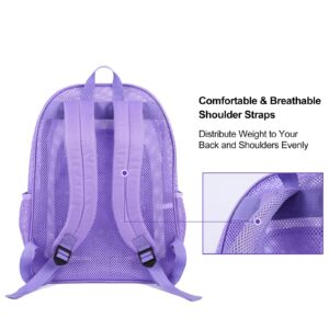 COVAX Heavy Duty Mesh Backpack, See Through College Mesh Backpack, Semi-transparent Mesh Bookbag with Bungee and Comfort Padded Straps for Commuting, Swimming, Beach, Outdoor Sports (Purple)