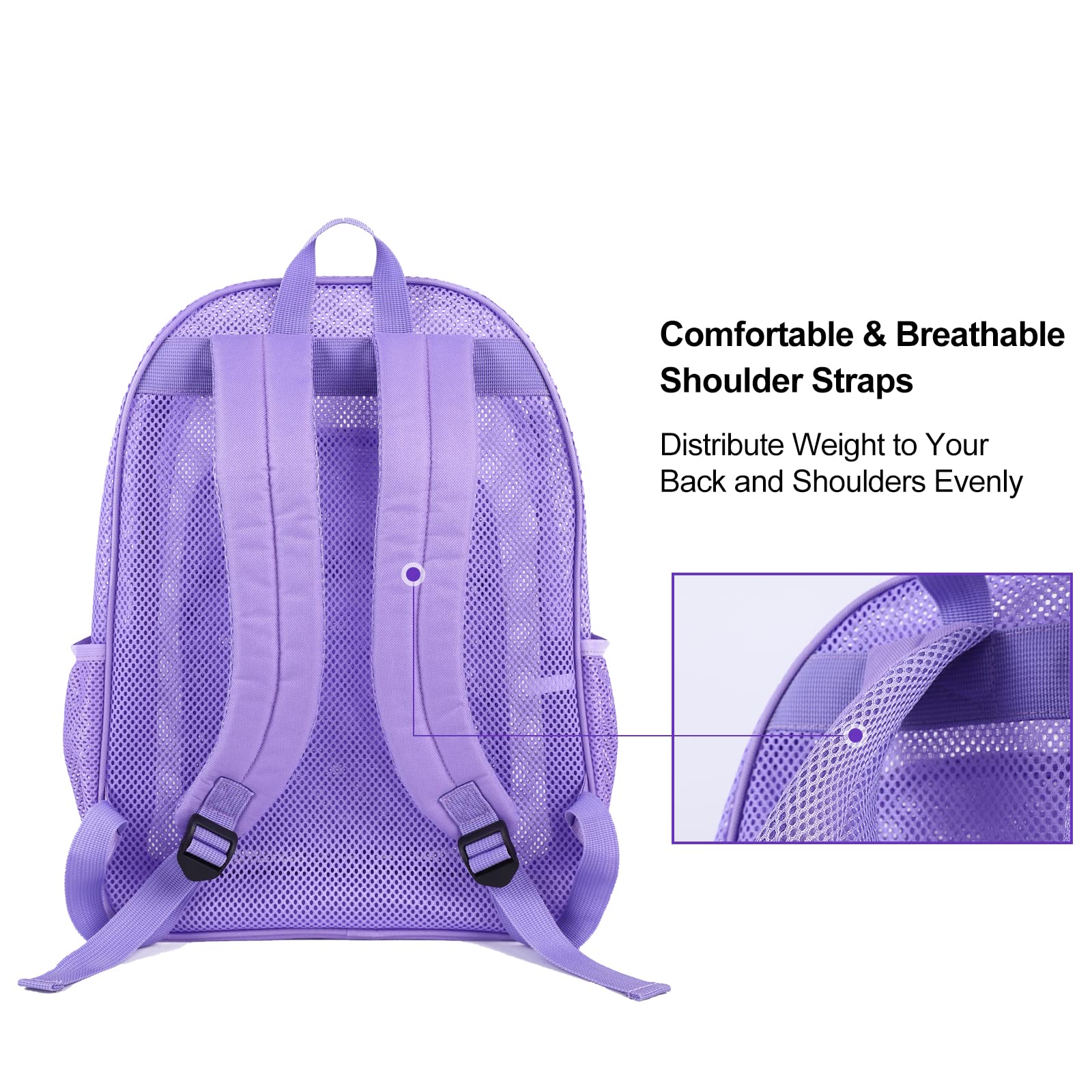 COVAX Heavy Duty Mesh Backpack, See Through College Mesh Backpack, Semi-transparent Mesh Bookbag with Bungee and Comfort Padded Straps for Commuting, Swimming, Beach, Outdoor Sports (Purple)