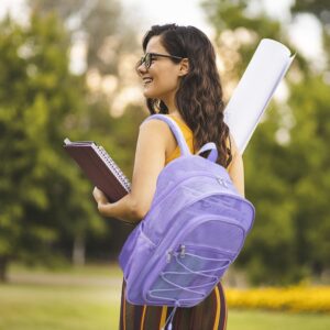 COVAX Heavy Duty Mesh Backpack, See Through College Mesh Backpack, Semi-transparent Mesh Bookbag with Bungee and Comfort Padded Straps for Commuting, Swimming, Beach, Outdoor Sports (Purple)