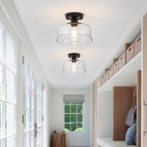 TSMKLEDAN Semi Flush Mount Ceiling Light, Modern Light Fixture Ceiling Mount with Seeded Glass Shade, Black Farmhouse Light Fixtures for Hallway Porch Bedroom Corridor Kitchen