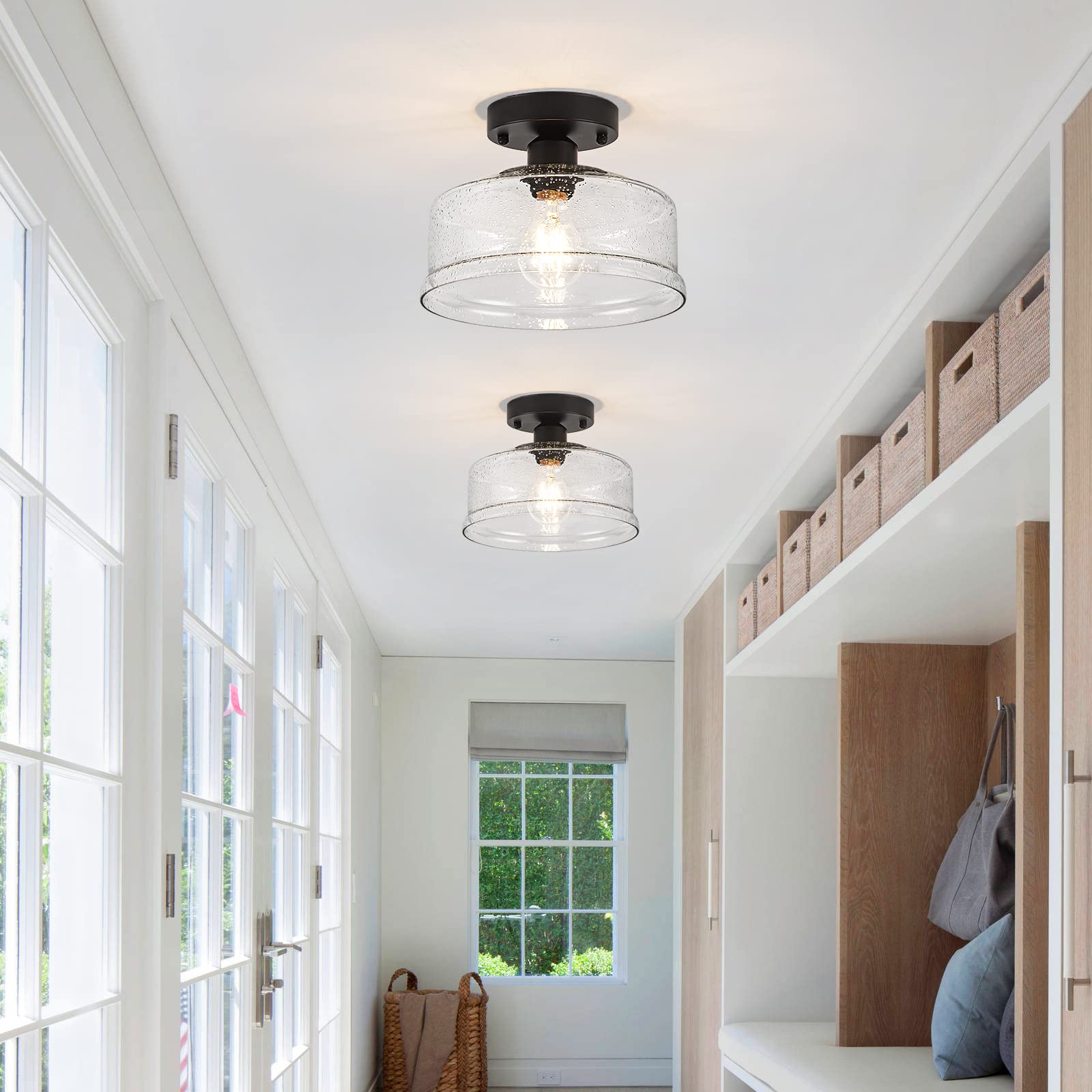 TSMKLEDAN Semi Flush Mount Ceiling Light, Modern Light Fixture Ceiling Mount with Seeded Glass Shade, Black Farmhouse Light Fixtures for Hallway Porch Bedroom Corridor Kitchen