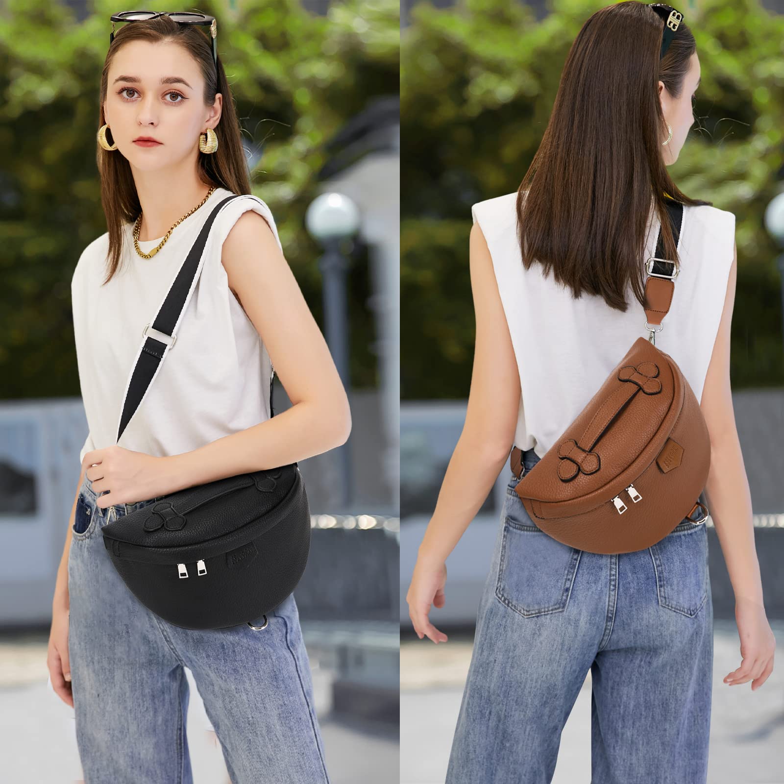 Eslcorri Crossbody Bags for Women - Fashion Sling Purse Shoulder Bag Fanny Pack Leather Causal Chest Bum Bag with Adjustable Wide Strap for Workout Traveling Running Shopping - Brown