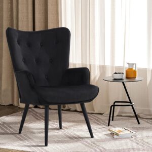 Furnimart Black Velvet Accent Chair Mid Century Modern Living Room Chairs; Comfy Armchair Leisure Vanity Guest Wingback Chair for Office Study Vanity Bedroom Waiting Room