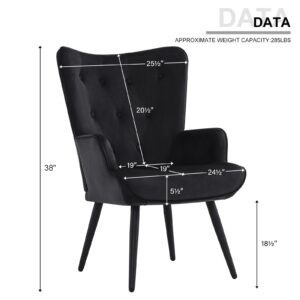 Furnimart Black Velvet Accent Chair Mid Century Modern Living Room Chairs; Comfy Armchair Leisure Vanity Guest Wingback Chair for Office Study Vanity Bedroom Waiting Room