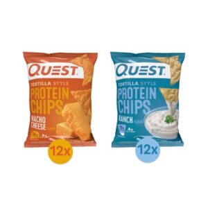 quest nutrition tortilla style protein chips bundle, ranch & nacho cheese, baked, high protein, low carb, gluten free, 1.1 oz, 24ct