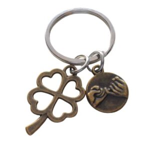 Bronze Four Leaf Clover Charm Keychain with Pinky Promise Charm for Couples or Best Friends, Anniversary Keychain