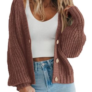 PRETTYGARDEN Solid Color Casual Womens Fall Fashion 2023 Open Front Short Chunky Cardigan Sweaters for Women Soft Outwear (Coffee,Small)