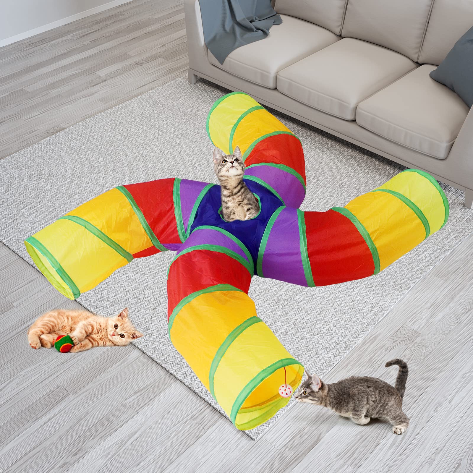 Bemodst Cat Tunnel for Indoor Cats Large,Cat Tubes and Tunnels Collapsible S-Shape Cat Tubes Kitty Tunnels Interactive Cat Toy with Storage Bag for Cat Small Dogs Ferret Rabbit (Colored 4-Way)