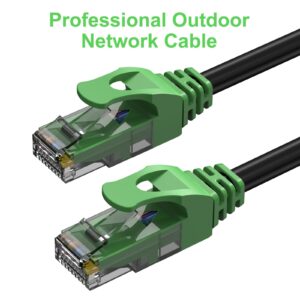 200FT Cat6 Outdoor Ethernet Cable, In-Ground, Heavy Duty Direct Burial, 24AWG CCA Patch Cord for Laptops, PCs, Routers, Printers, Surveillance Camera, POE, UTP Cat 6 Internet Cable with 25 Cable Ties