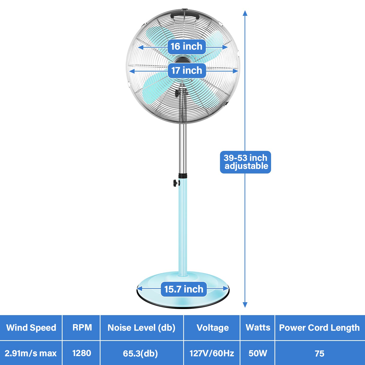 InfiniPower 16 Inch High Velocity Stand Fan, Adjustable Heights, 75°Oscillating, Quality Made Fan with 3 Settings Speeds, Heavy Duty Metal for Industrial, Commercial, Residential, Color: Green