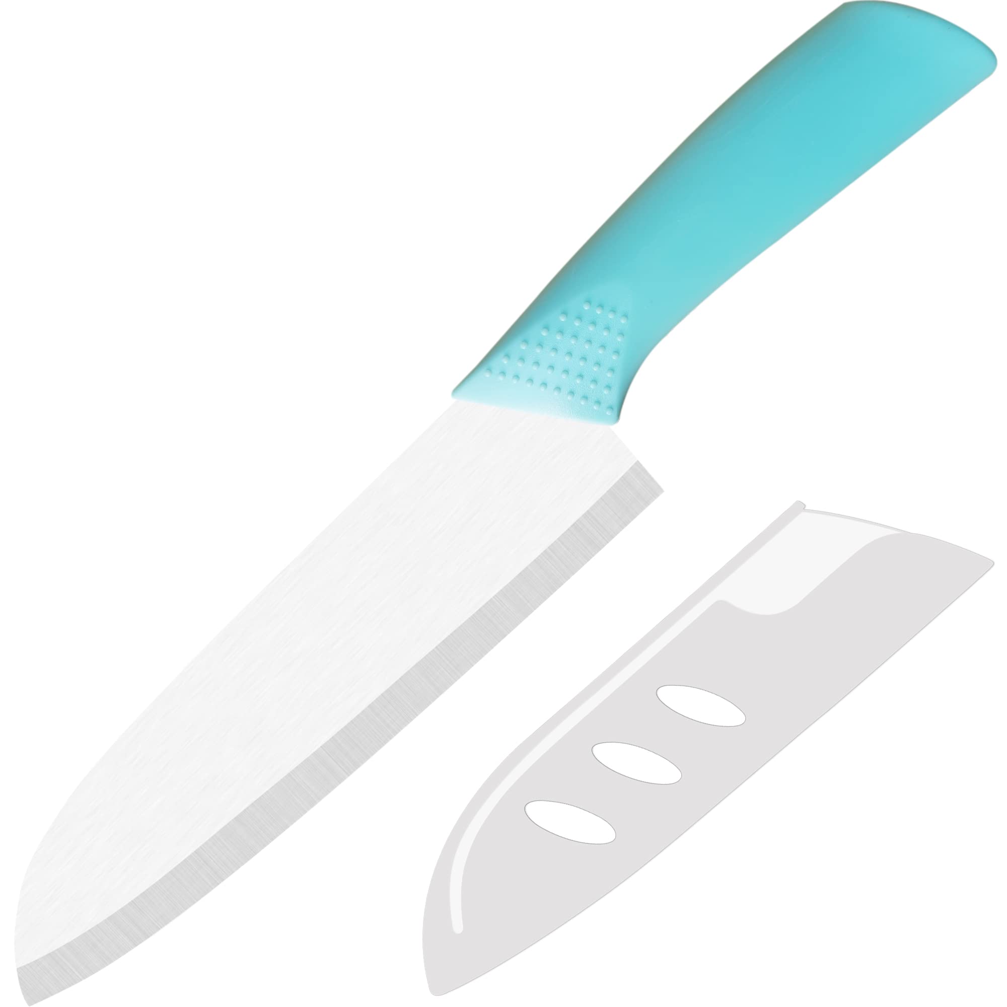 Rynal Ceramic Knife Santoku Knife Meats Fruits Vegetables Knife - Sharp Ceramic Kitchen Knife with Sheath Cover - 7 Inch Aqua