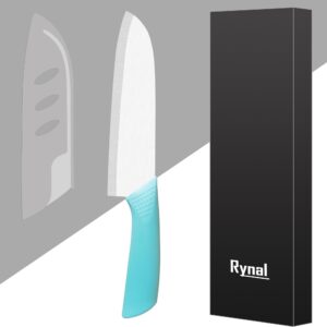 Rynal Ceramic Knife Santoku Knife Meats Fruits Vegetables Knife - Sharp Ceramic Kitchen Knife with Sheath Cover - 7 Inch Aqua