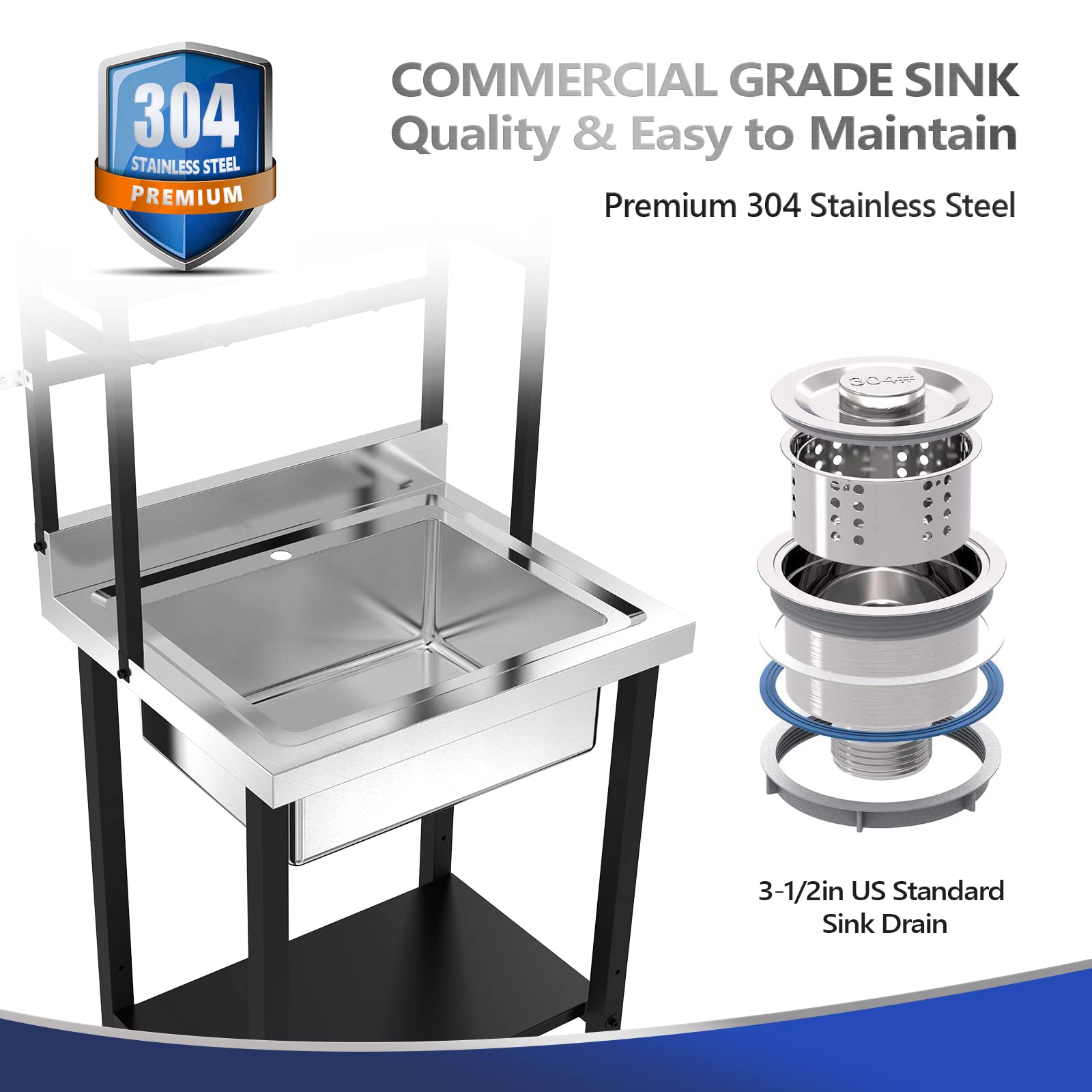 VINGLI 67"H Commercial Sink 304 Stainless Steel Sink with Adjustable Shelves and Hanging Rod with Hooks, Freestanding Utility Sink for Restaurant Kitchen Laundry Room Garage, Bowl Size 21"Wx16"Dx9"H