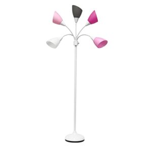 Simple Designs LF2006-WPG 67" Contemporary Multi Head Medusa 5 Light Adjustable Gooseneck White Floor Lamp with Pink, White, Gray Shades for Kids Bedroom Playroom Living Room Office, 30 x 10 x 67