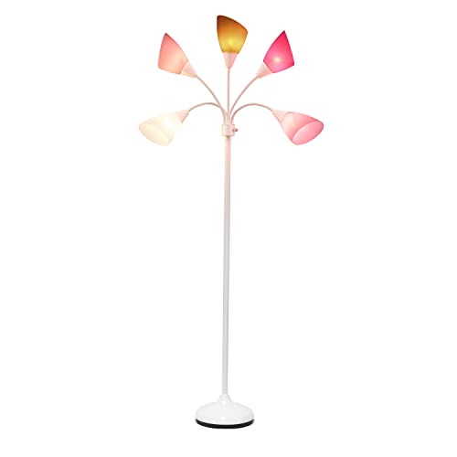 Simple Designs LF2006-WPG 67" Contemporary Multi Head Medusa 5 Light Adjustable Gooseneck White Floor Lamp with Pink, White, Gray Shades for Kids Bedroom Playroom Living Room Office, 30 x 10 x 67