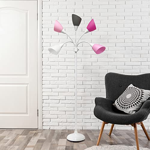 Simple Designs LF2006-WPG 67" Contemporary Multi Head Medusa 5 Light Adjustable Gooseneck White Floor Lamp with Pink, White, Gray Shades for Kids Bedroom Playroom Living Room Office, 30 x 10 x 67