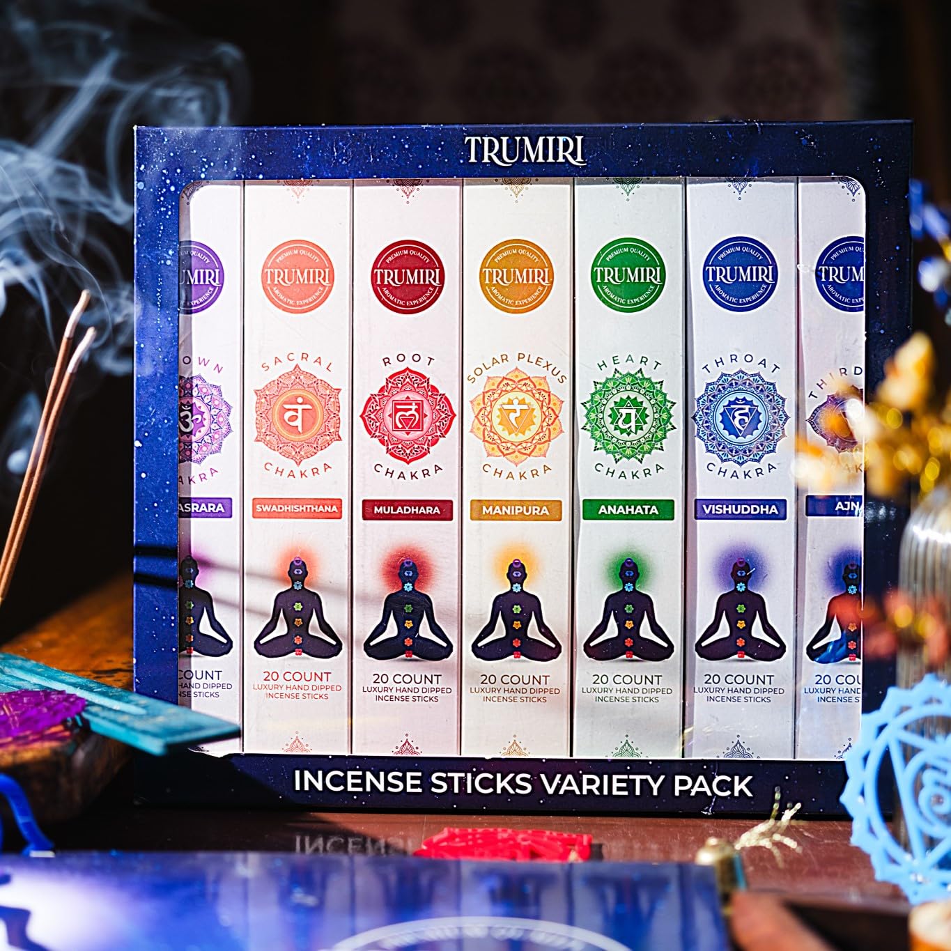 Chakra Incense Sticks - Total 120 Insence-Sticks (20 Insense x 6 Incents) - Incienso Incents-Sticks for 7 Chakra Meditation Muladhara Sacral Manipura Heart Throat Crown Ajna + Incense Holder