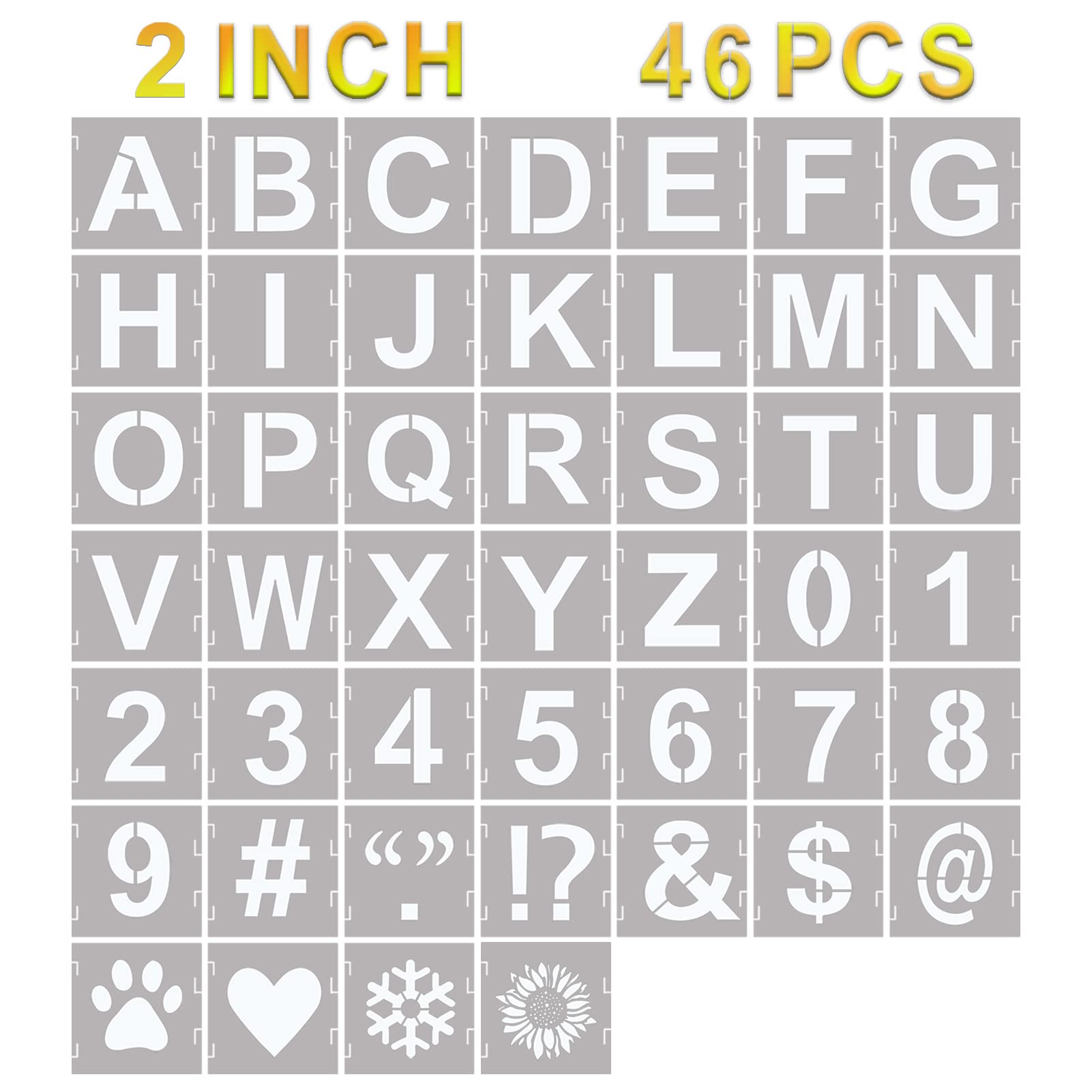 YEAJON 46 Pcs 2 Inch Letter Stencils Symbol Numbers Craft Stencils, Reusable Alphabet Templates Interlocking Stencil Kit for Painting on Wood, Wall, Fabric, Rock, Sign