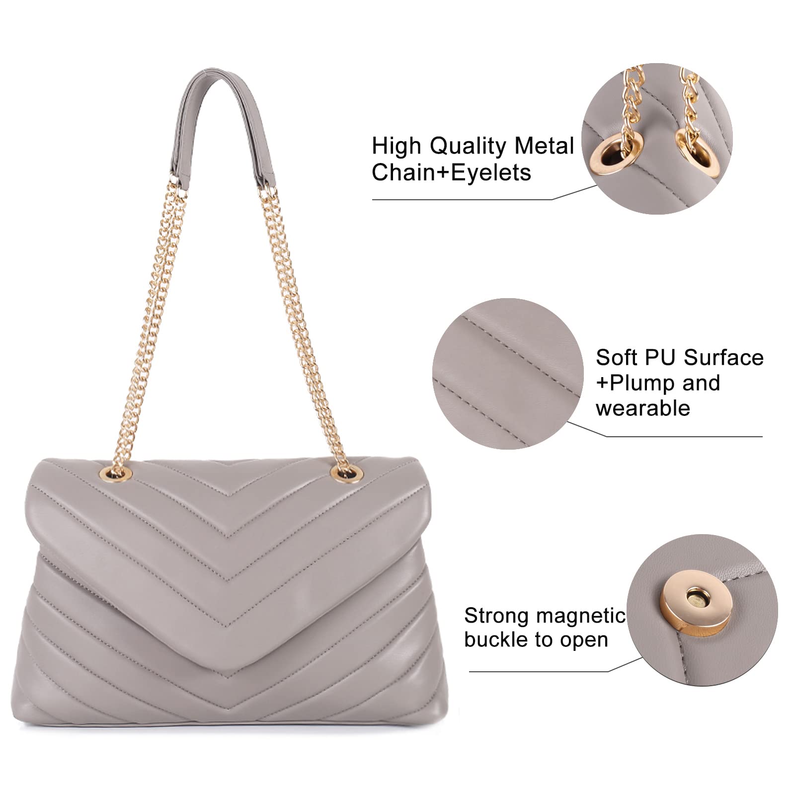 LMKIDS Quilted Crossbody Bags for Women, Trendy Roomy Shoulder Handbags with Flap Gold Hardware Chain Purses Shoulder Bag (Grey)