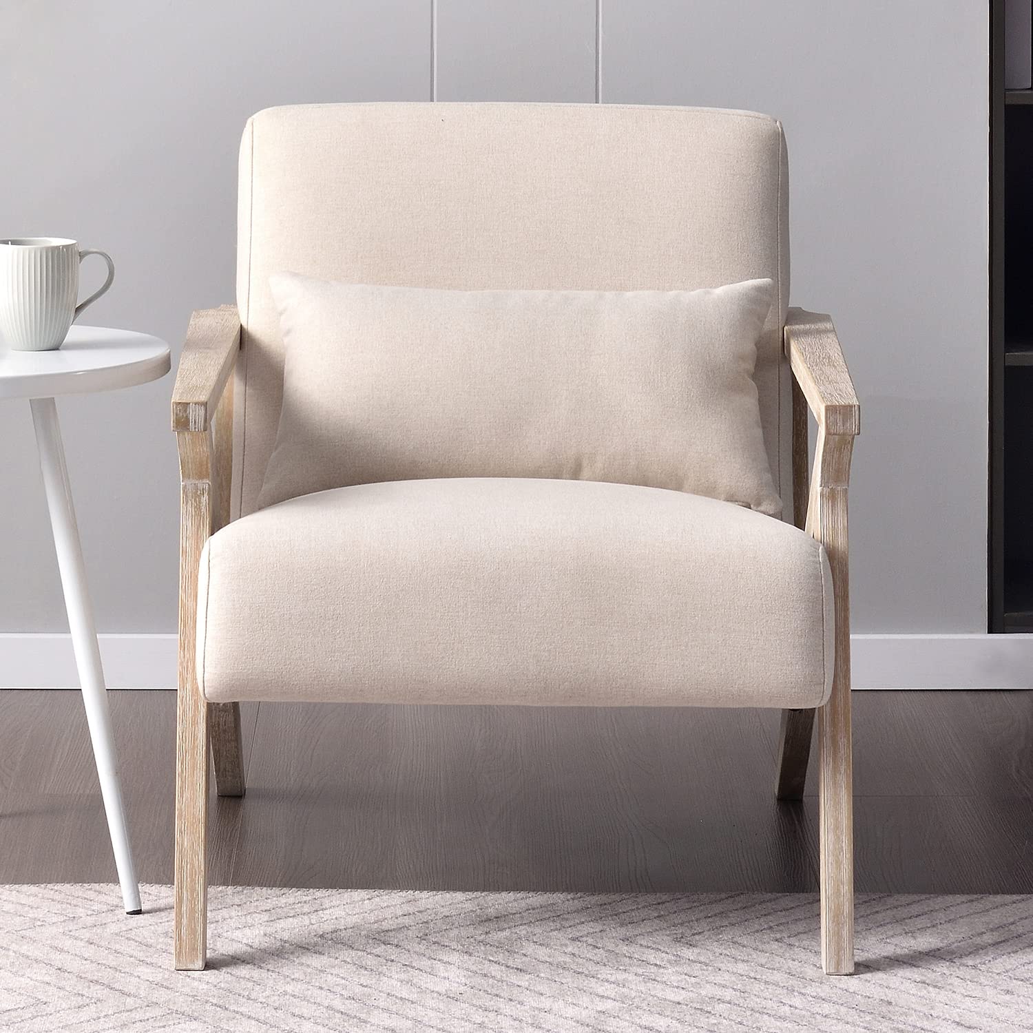 INZOY Mid Century Modern Chair with Wood Frame, Upholstered Armchair with Waist Cushion, Accent Chair for Living Room Bedroom Apartment, Easy Assembly, Beige