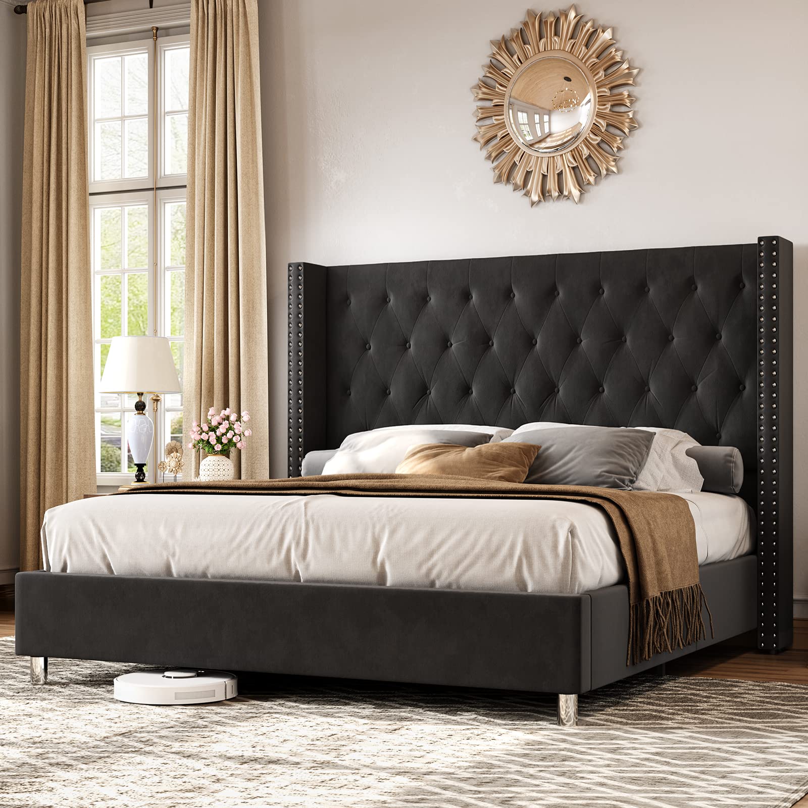 PaPaJet Bed Frame Queen Size Upholstered Bed Velvet Low Profile Platform Bed with Raised Wingback Headboard/No Box Spring Needed/Easy Assembly/Black