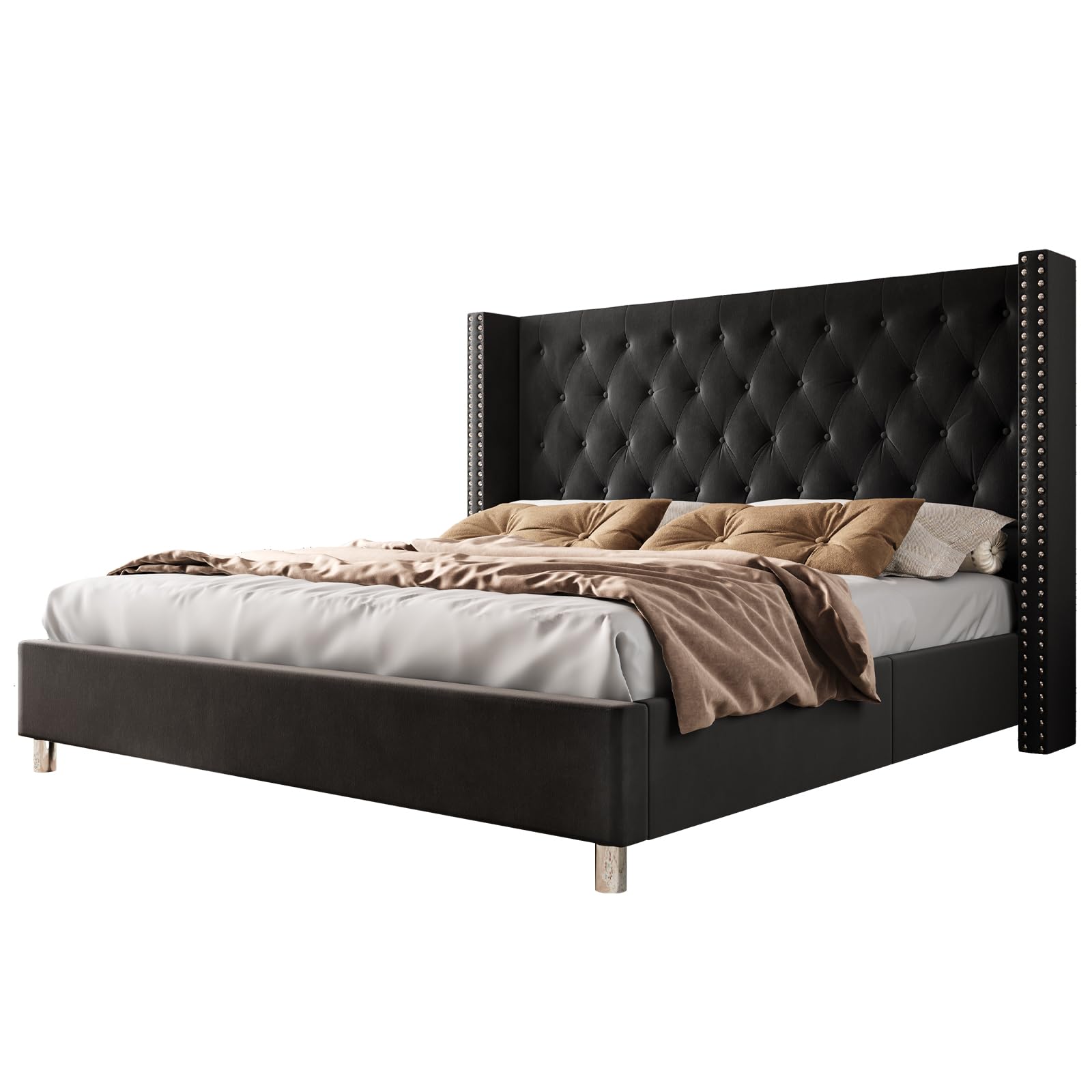 PaPaJet Bed Frame Queen Size Upholstered Bed Velvet Low Profile Platform Bed with Raised Wingback Headboard/No Box Spring Needed/Easy Assembly/Black