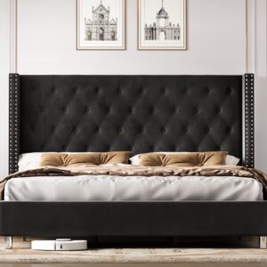 PaPaJet Bed Frame Queen Size Upholstered Bed Velvet Low Profile Platform Bed with Raised Wingback Headboard/No Box Spring Needed/Easy Assembly/Black