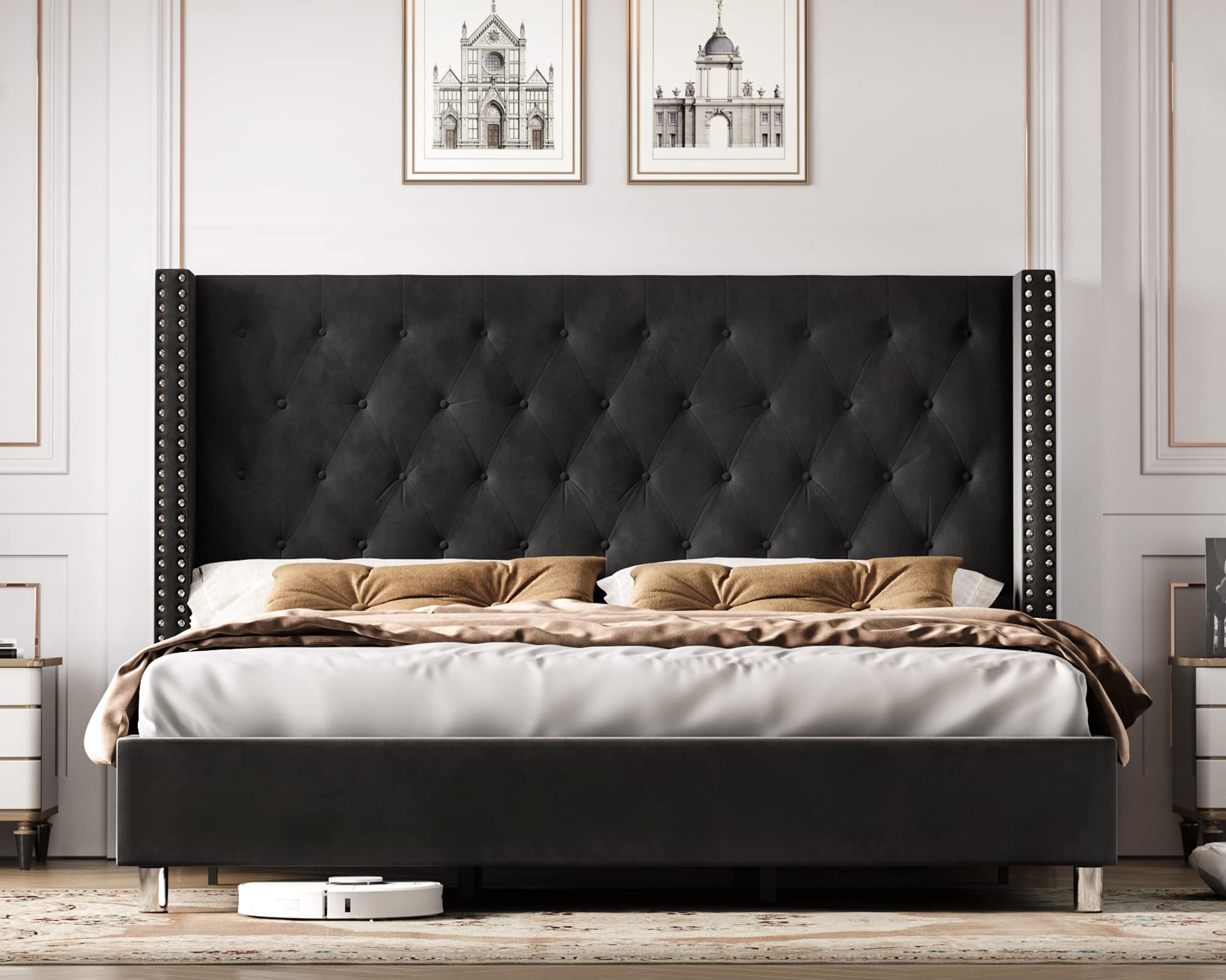 PaPaJet Bed Frame Queen Size Upholstered Bed Velvet Low Profile Platform Bed with Raised Wingback Headboard/No Box Spring Needed/Easy Assembly/Black