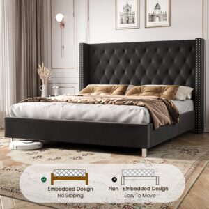 PaPaJet Bed Frame Queen Size Upholstered Bed Velvet Low Profile Platform Bed with Raised Wingback Headboard/No Box Spring Needed/Easy Assembly/Black