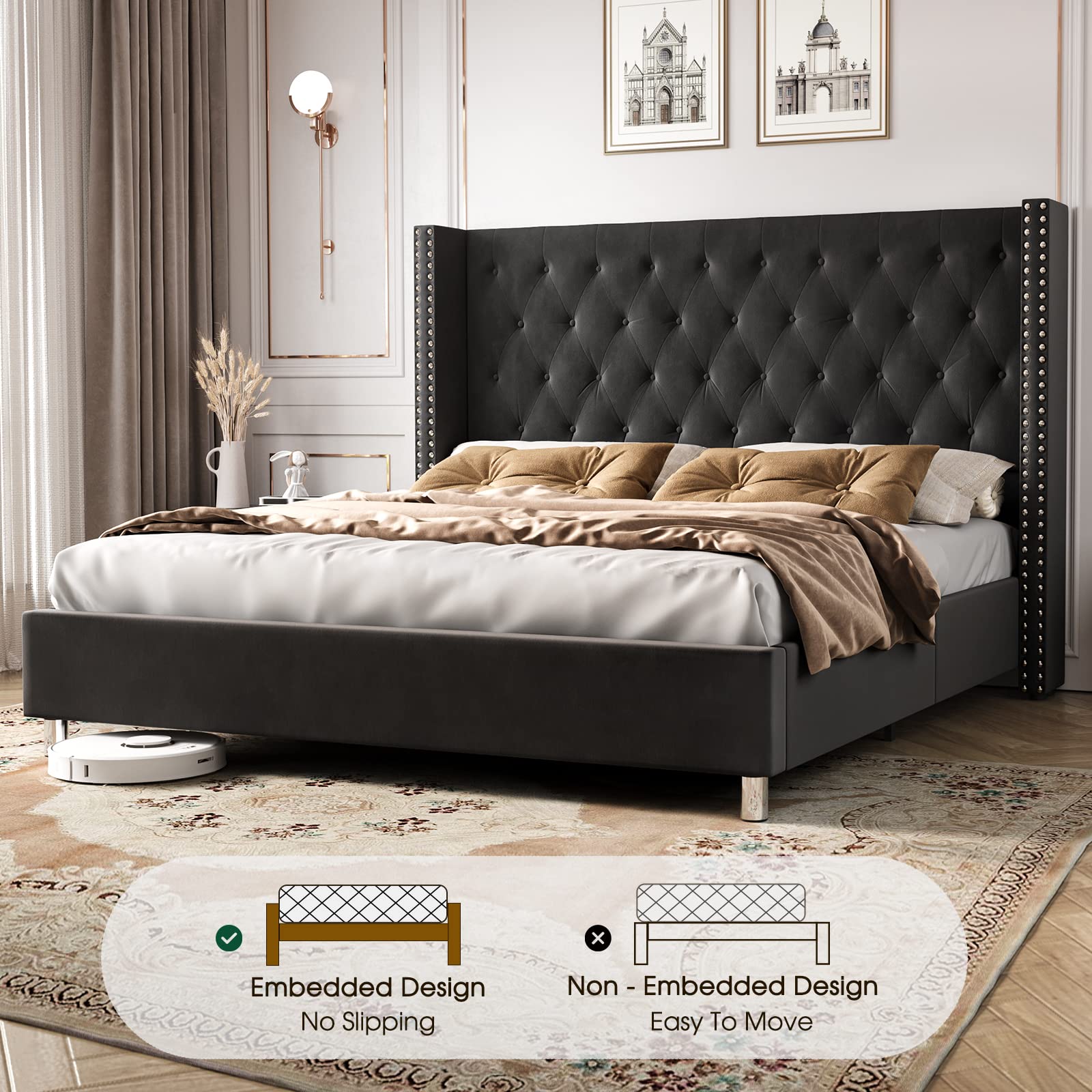 PaPaJet Bed Frame Queen Size Upholstered Bed Velvet Low Profile Platform Bed with Raised Wingback Headboard/No Box Spring Needed/Easy Assembly/Black