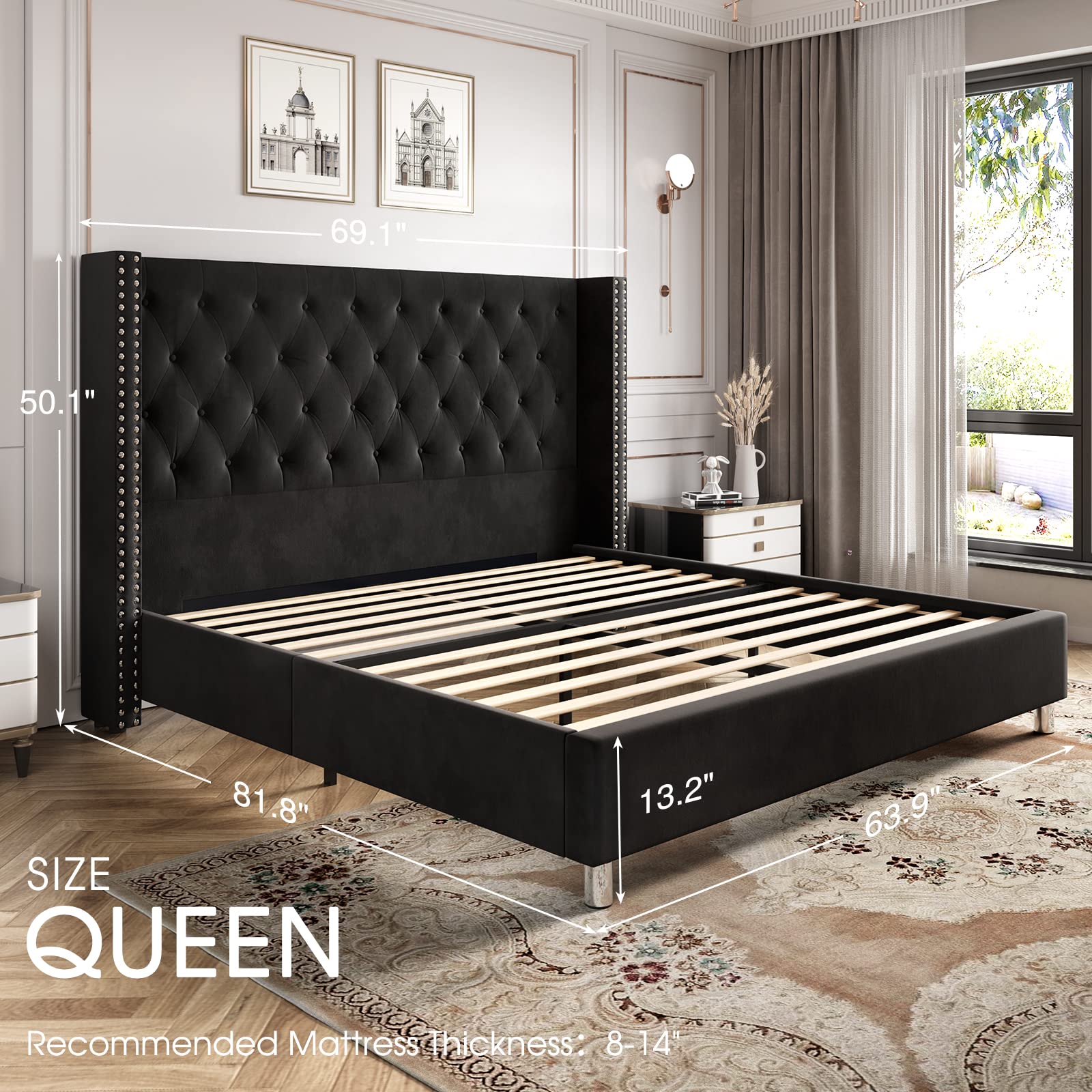 PaPaJet Bed Frame Queen Size Upholstered Bed Velvet Low Profile Platform Bed with Raised Wingback Headboard/No Box Spring Needed/Easy Assembly/Black