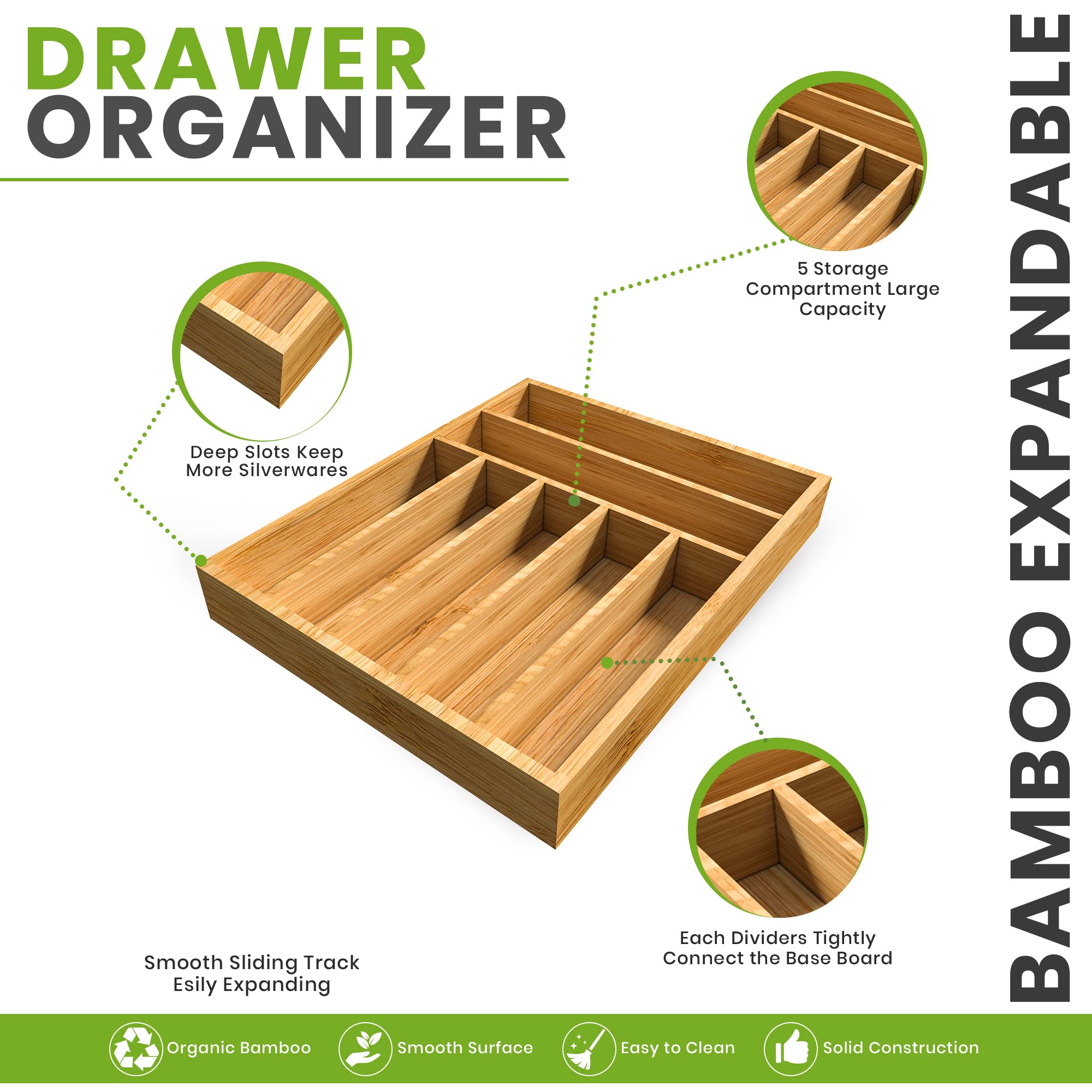 Utopia Kitchen Bamboo Drawer Organizer for Kitchen Utensils, Large Cutlery, and Silverware, Flatware Holder Tray, Natural, 7 Compartments