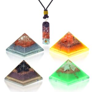 healing & cleansing set - portable orgonite crystal mini pyramids of crystal quartz, black obsidian, chrysoprase, orange calcite to feel energized, balanced, grounded, calm and centered