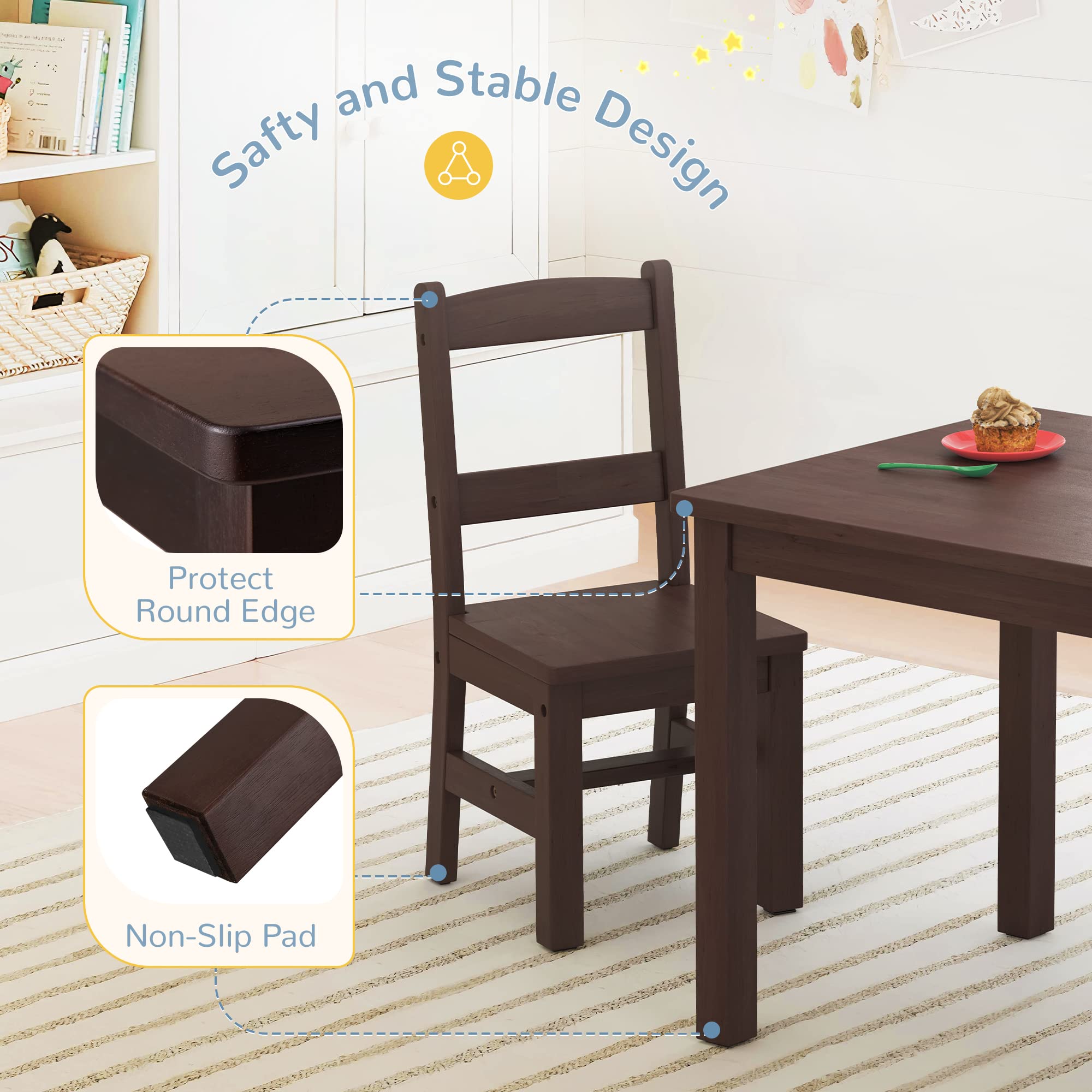 Curipeer Rubberwood Kids Table and 2 Chair Set, Water Resistant Toddler Table and Chair Set, Non-Slip Pad and Waterfall Edge, Easy to Clean, Children Table Set Gift for Bedroom, Playroom,Espresso