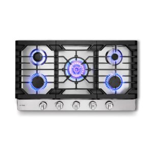 fotile gls36502 36” stainless steel 5-burner gas cooktop, tri-ring 22,000 btus center burner with flame failure protection removable grates and installation/lp kit