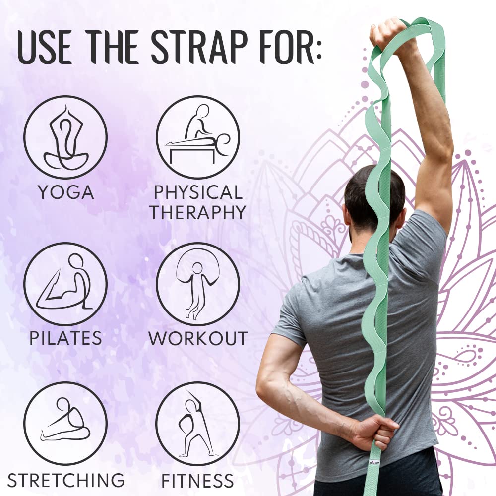 [NEW 2023] TECEUM Stretching Strap for Yoga & Physical Therapy – 10 Loops – Choice of materials & colors – Non-elastic Leg Stretch Out Straps for Stretching, Exercising, Pilates, Post-injury