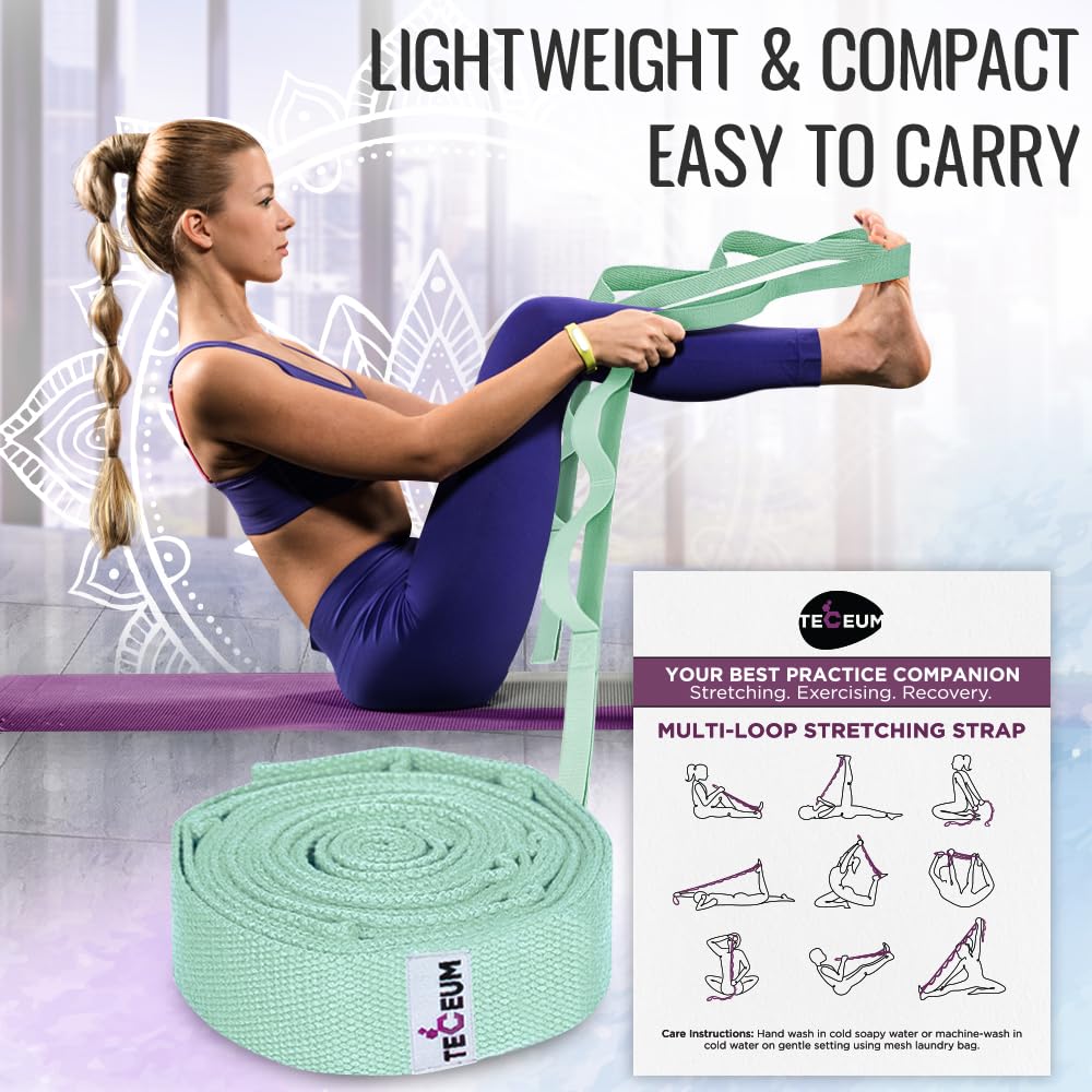 [NEW 2023] TECEUM Stretching Strap for Yoga & Physical Therapy – 10 Loops – Choice of materials & colors – Non-elastic Leg Stretch Out Straps for Stretching, Exercising, Pilates, Post-injury