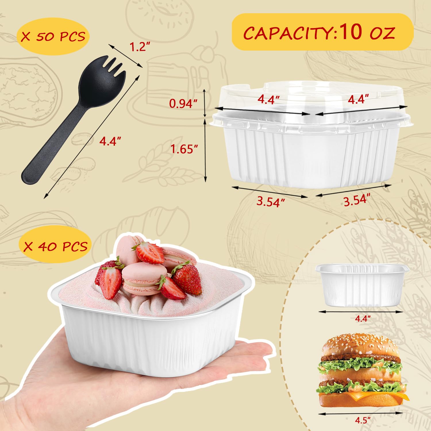 10oz Disposable Ramekins With Lids 40 Pack,LNYZQUS Aluminum Foil Jumbo Cupcake Pan, Square 4”X4” Mini Cake Pan Browni Baking Cups Muffin Tin Dessert Cups For Wedding Party-White