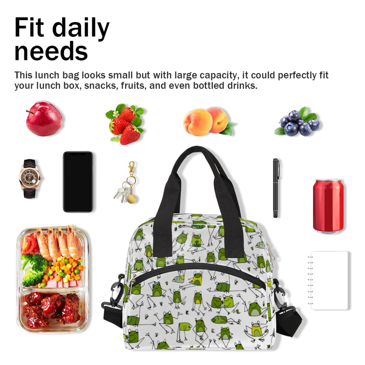 Animal Frog Insulated Lunch Bag Box for Women Men,Green Frog Reusable Lunch Box Cooler Tote Bag for Adult Lunch Container with Adjustable Shoulder Strap for Office work, Picnic,Travel